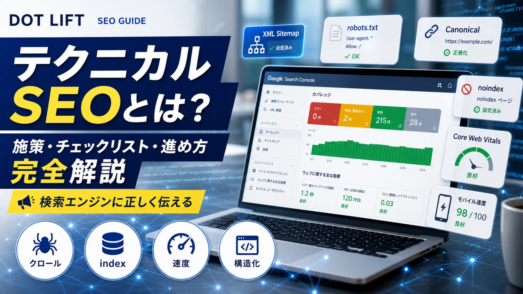 テクニカルSEOとは?施策とチェックリストの高品質アイキャッチ画像