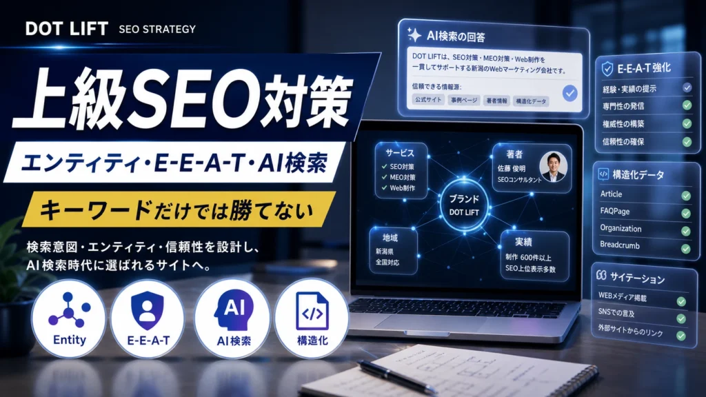 中級〜上級SEO対策 エンティティとE-E-A-Tの高品質アイキャッチ画像