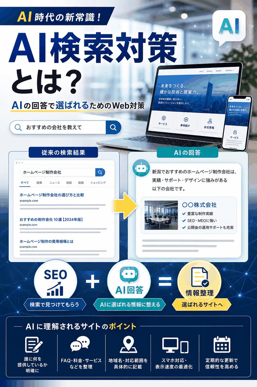 AI検索対策とは何かをSEOとAI回答の違いで図解した画像