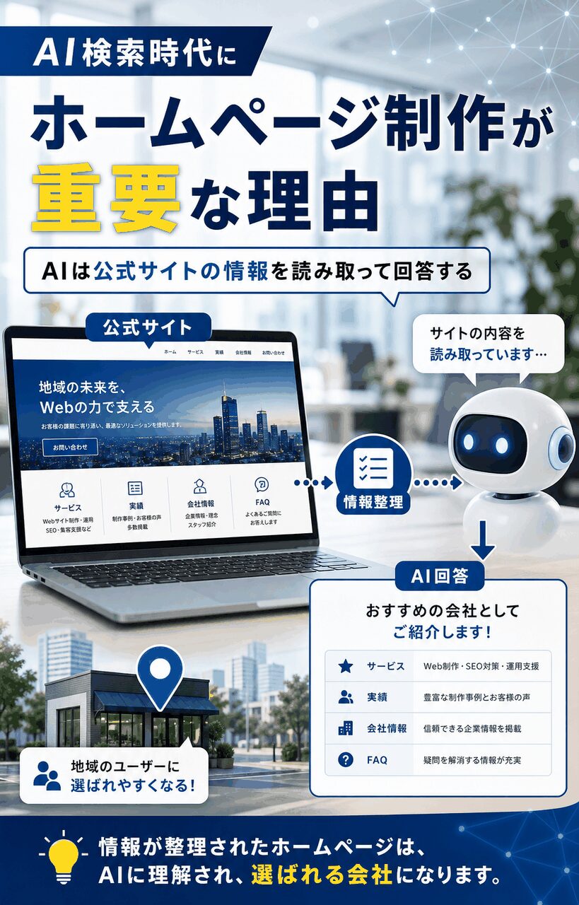 AI検索時代にホームページ制作が重要になる理由を図解した画像