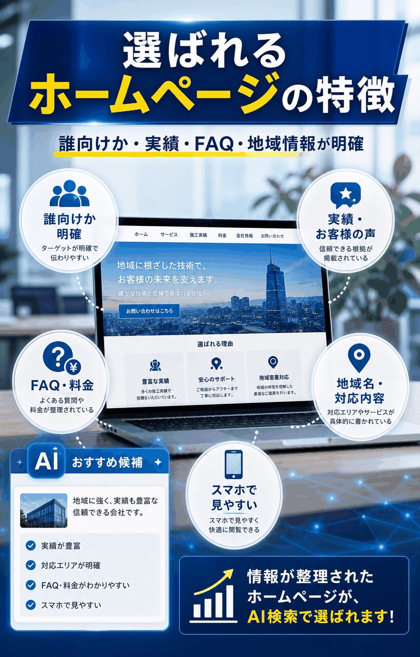 AI検索時代に選ばれるホームページの特徴を図解した画像