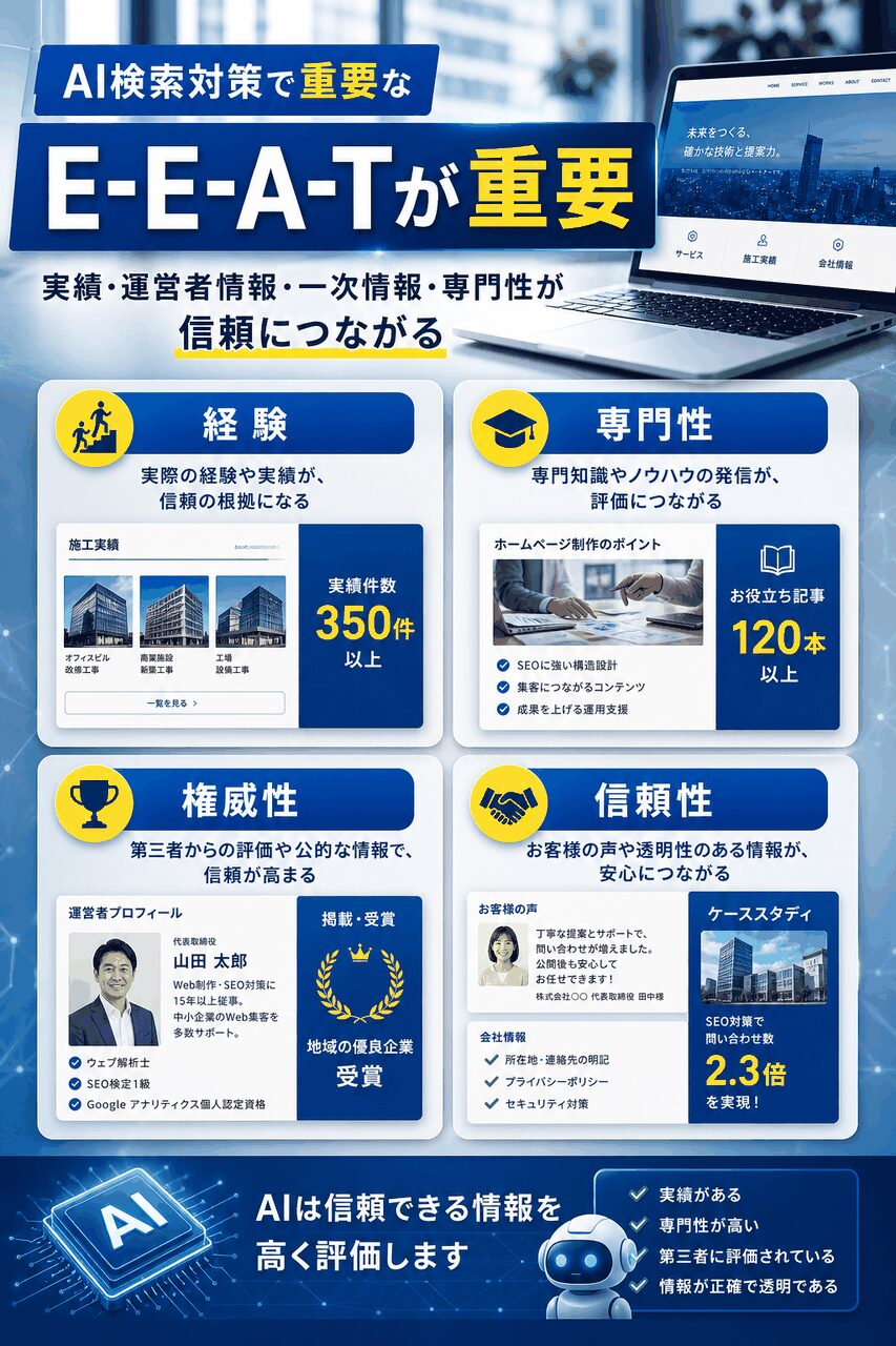 AI検索対策で重要なE-E-A-Tを図解した画像