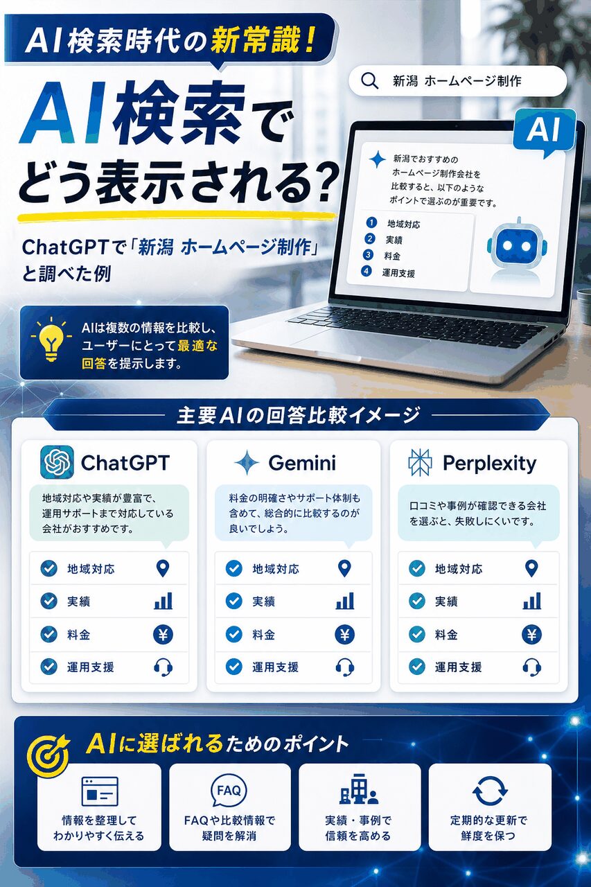 AI検索でホームページ制作会社がどう表示されるかを図解した画像