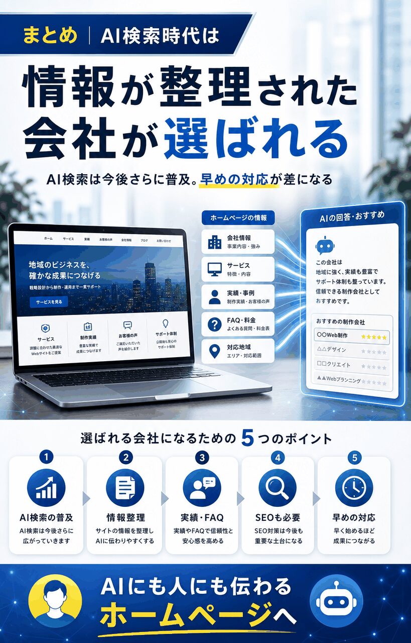 AI検索時代は情報が整理された会社が選ばれることをまとめた画像