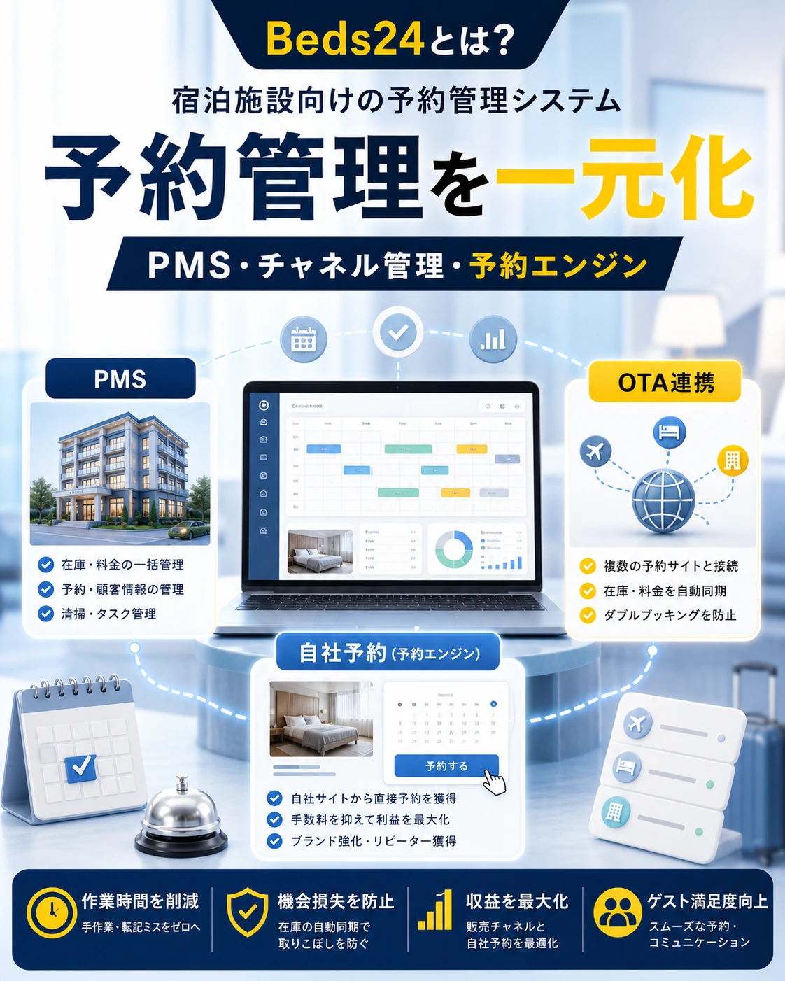Beds24がPMS、チャネルマネージャー、予約エンジンをまとめる予約管理システムのイメージ