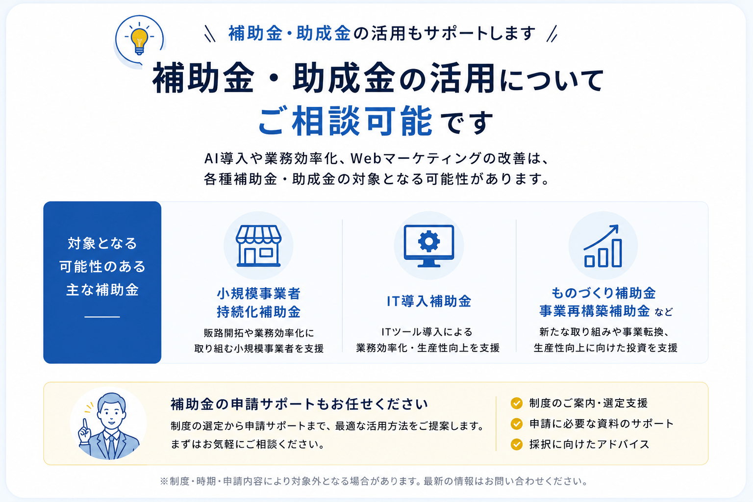 AI導入や業務効率化に活用できる補助金制度の説明