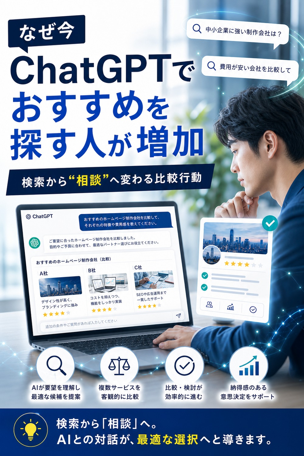 ChatGPTでおすすめを探す人が増えている理由を広告バナー風に示す画像