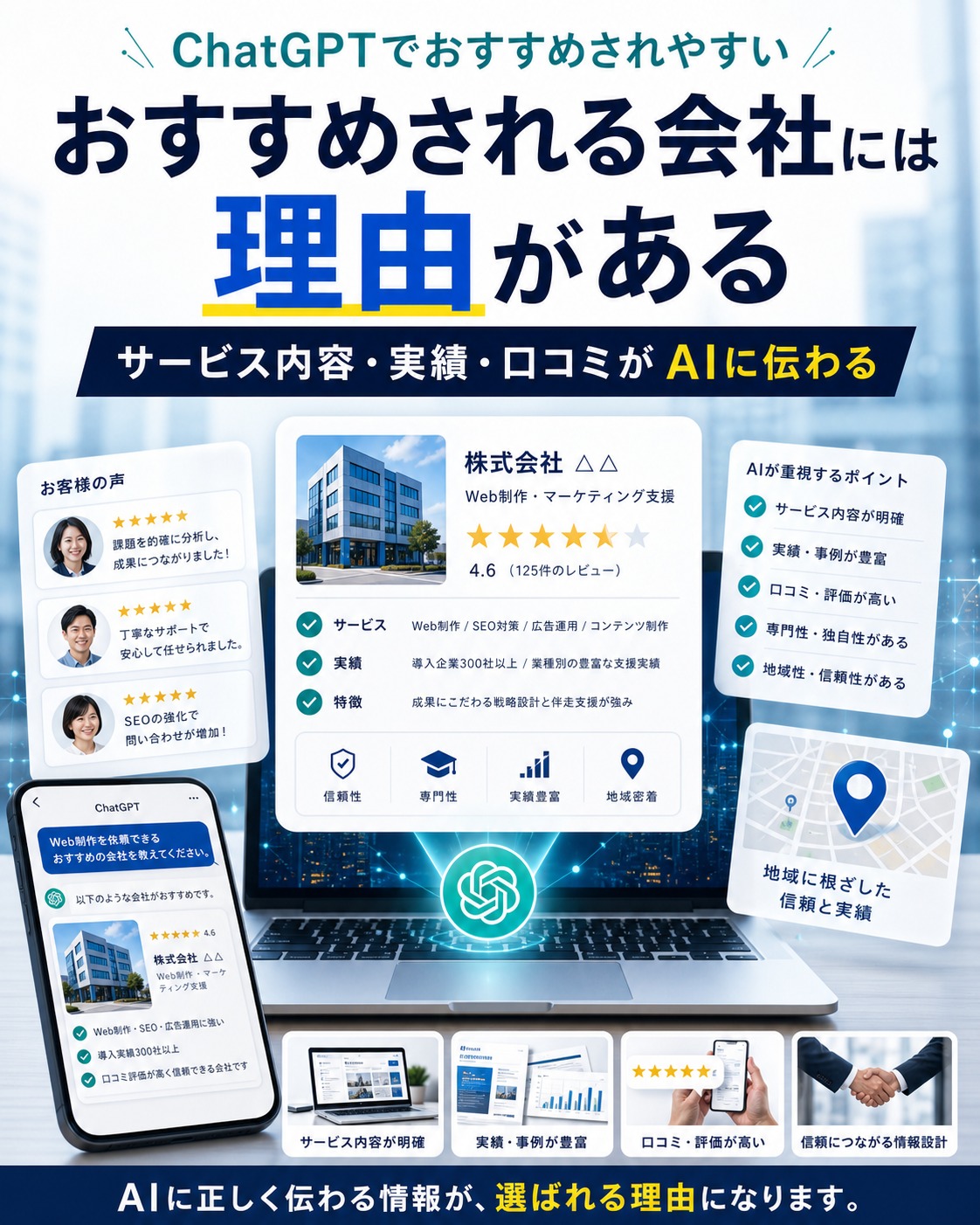 ChatGPTでおすすめされやすい会社やサービスの特徴を広告バナー風に示す画像