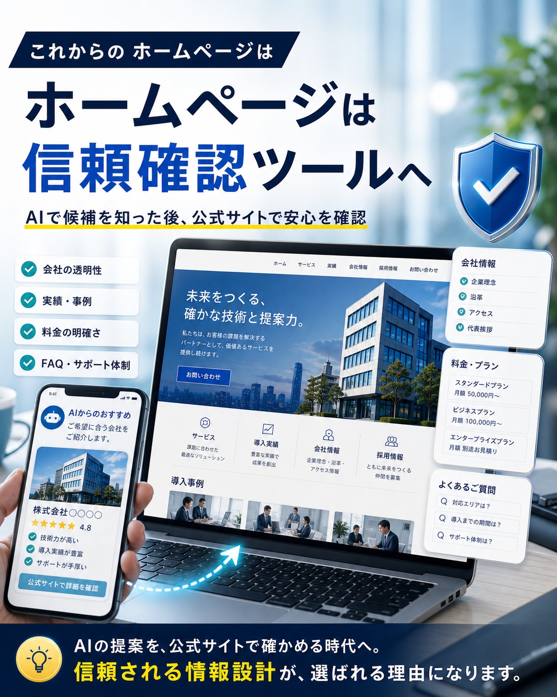 ホームページがAI時代の信頼確認ツールになることを広告バナー風に示す画像