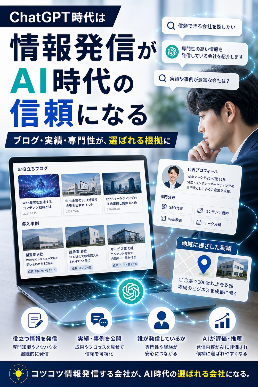 ChatGPT時代に情報発信している会社が強くなることを広告バナー風に示す画像
