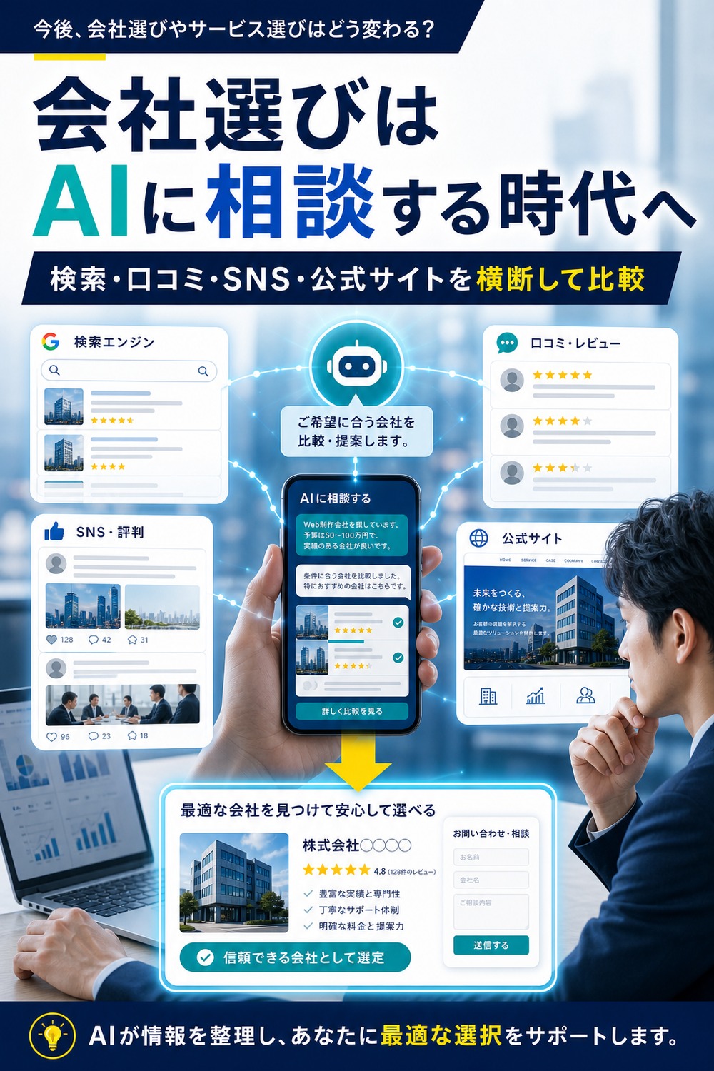 AI時代に会社選びやサービス選びが変わることを広告バナー風に示す画像