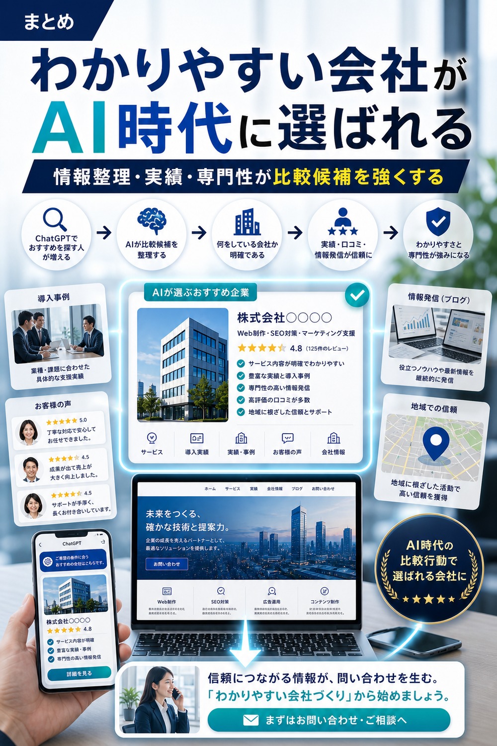 ChatGPT時代はわかりやすい会社やサービスが選ばれることを広告バナー風に示す画像