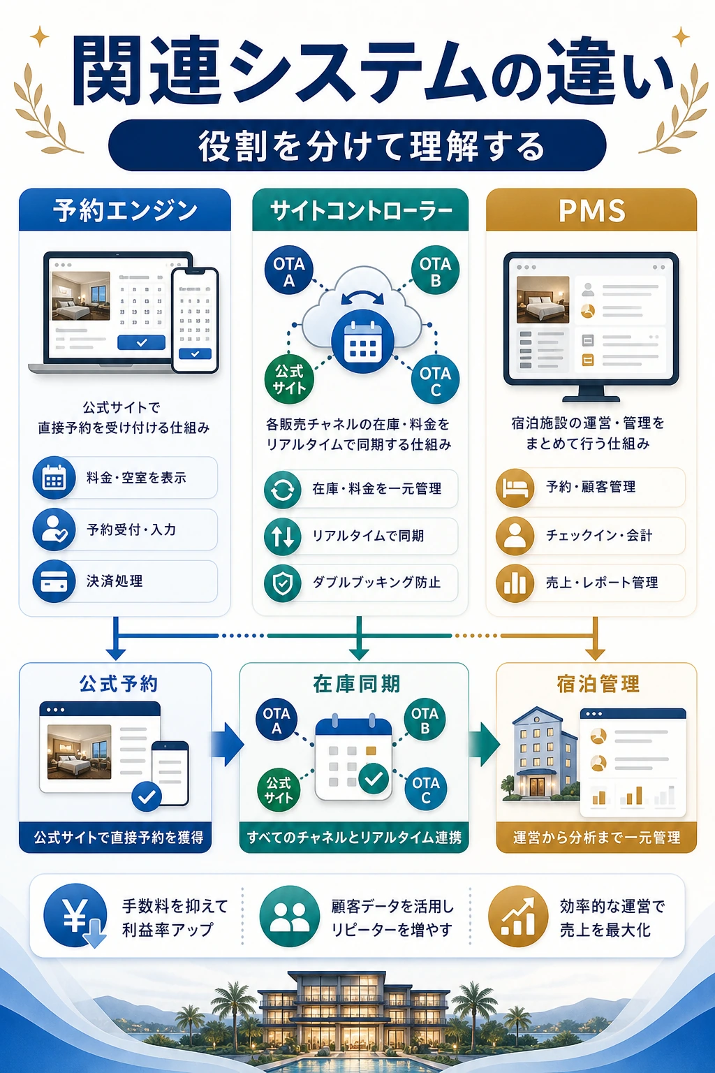 予約エンジンとサイトコントローラーとPMSの違いを説明する図解