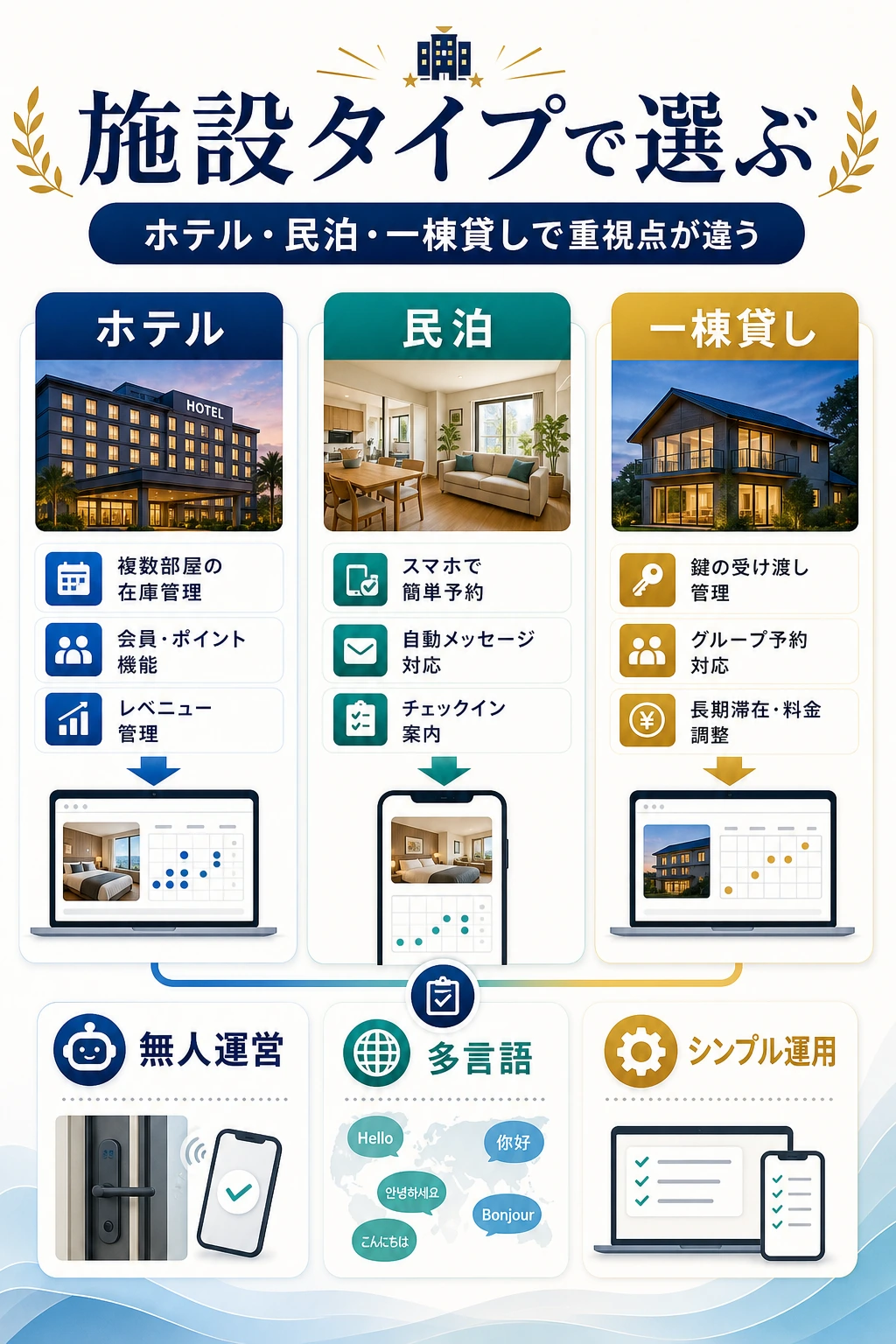 施設タイプ別の自社予約システム選びを説明する図解