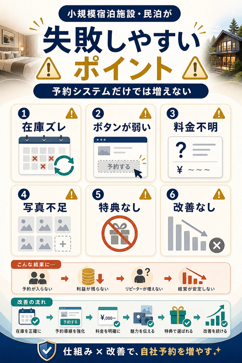 小規模宿泊施設と民泊が失敗しやすいポイントを説明する図解