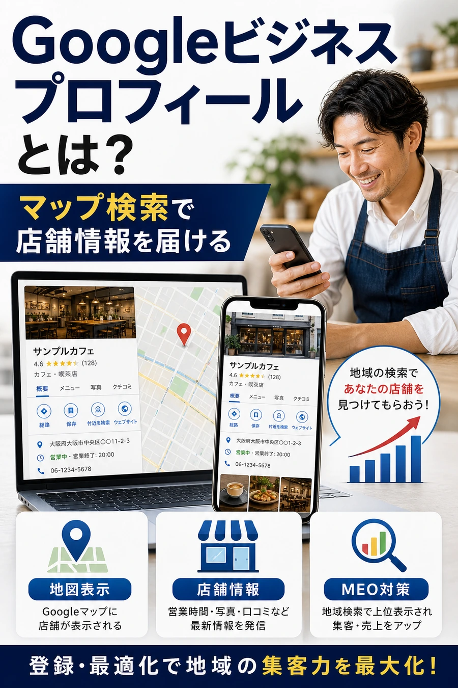 Googleビジネスプロフィールの基礎知識を店舗情報とマップ表示で示す画像