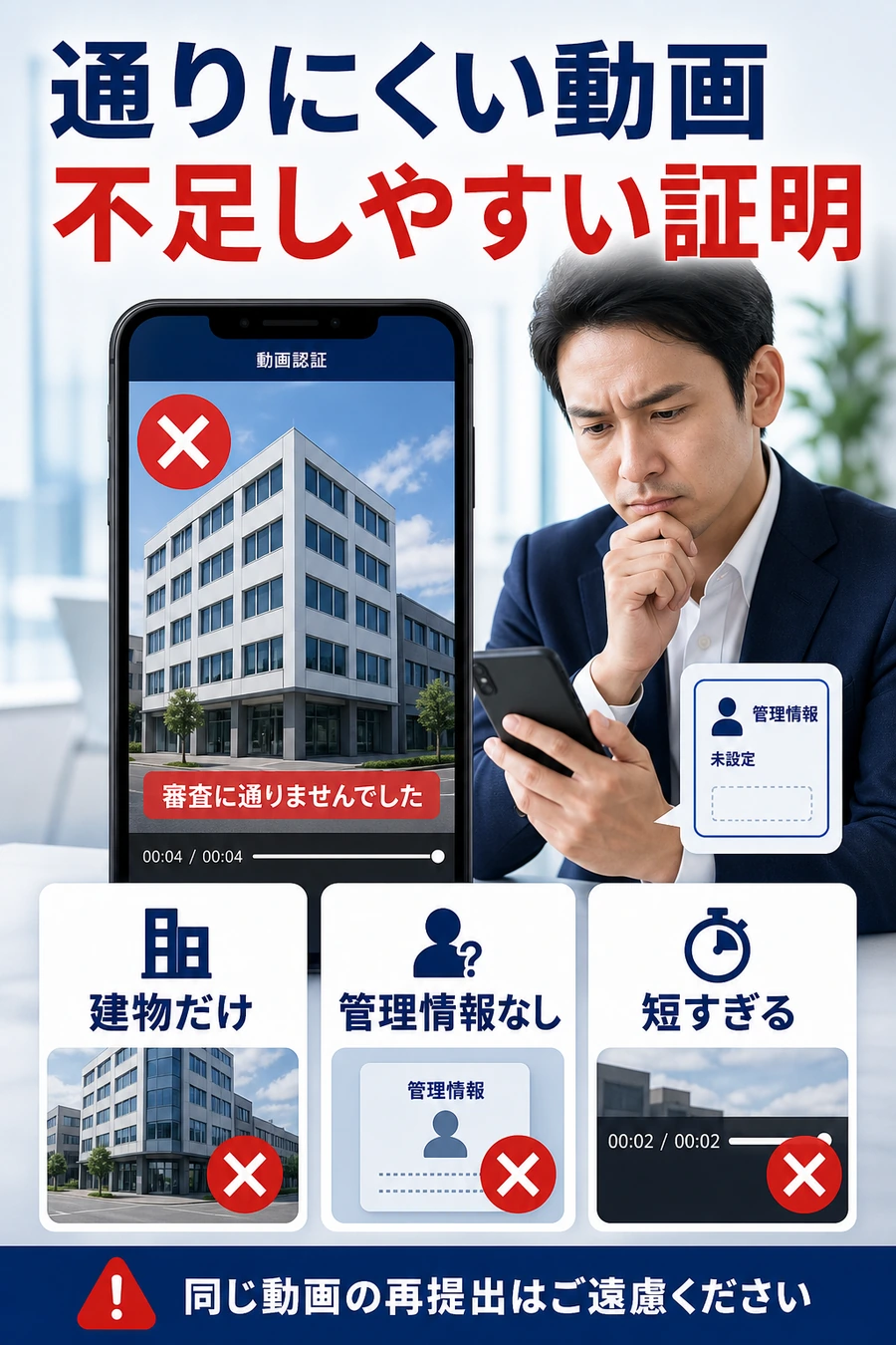 Googleビジネス動画認証で通りにくい動画の特徴を示す画像