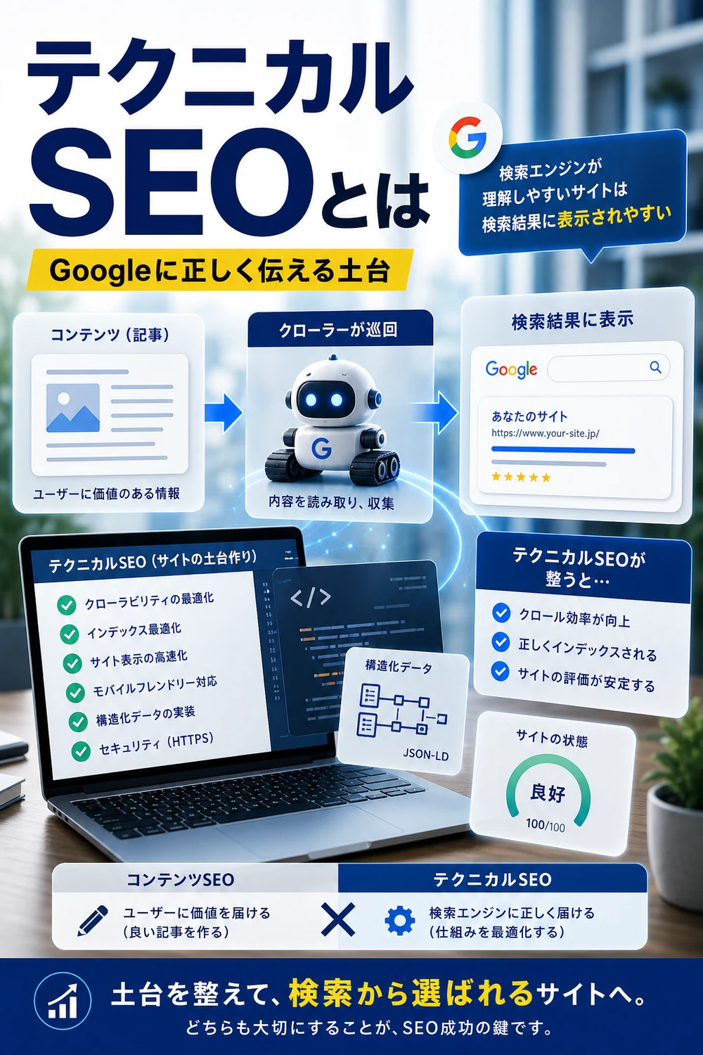 テクニカルSEOとは?のH2本文をもとに写真合成で表現したDOT LIFTの記事内画像