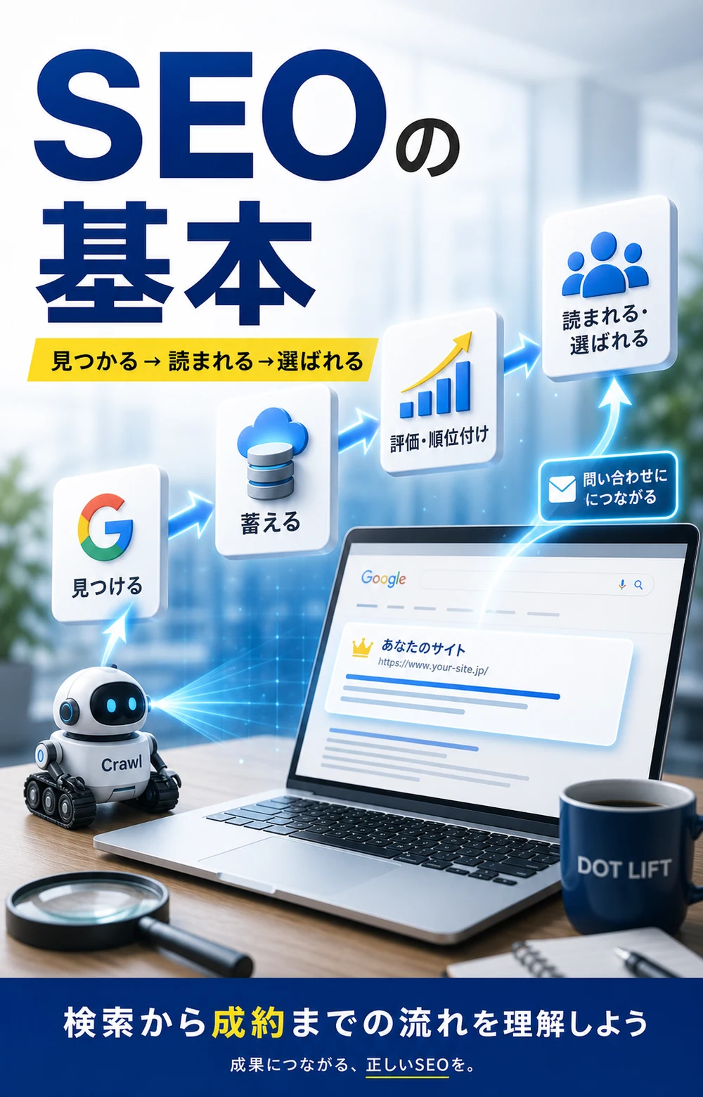 SEO対策とは?初心者向けに簡単に解説のH2本文をもとに写真合成で表現したDOT LIFTの記事内画像