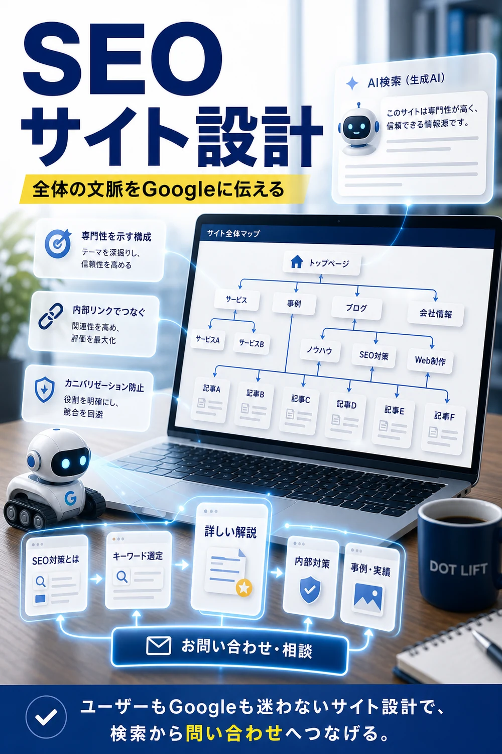 SEOサイト設計とは?のH2本文をもとに写真合成で表現したDOT LIFTの記事内画像