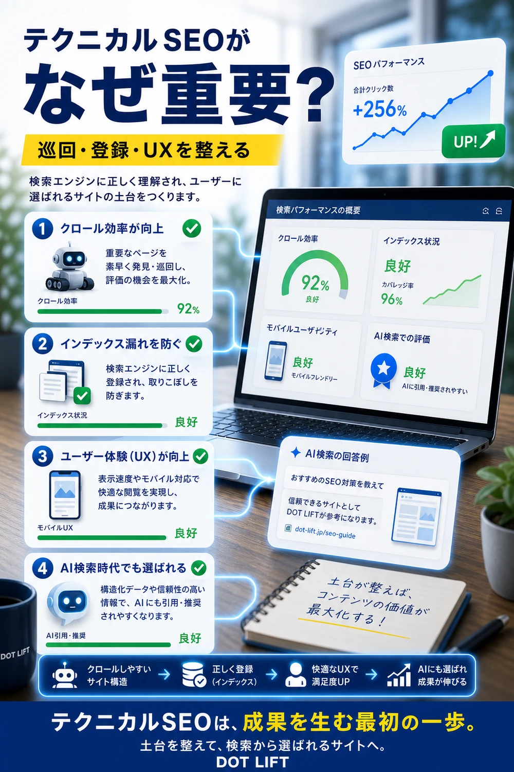 テクニカルSEOが重要な理由のH2本文をもとに写真合成で表現したDOT LIFTの記事内画像
