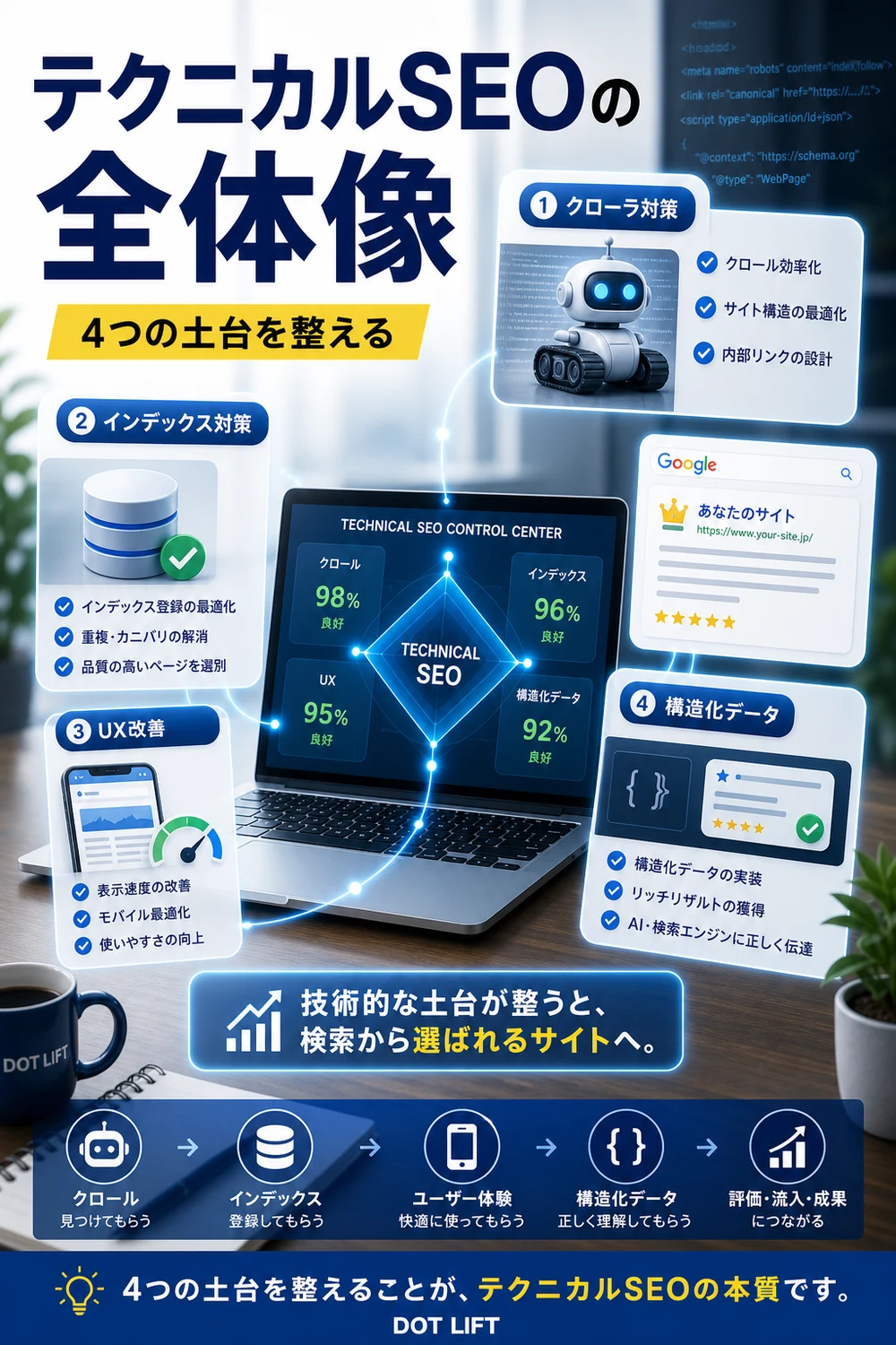 テクニカルSEOの全体像のH2本文をもとに写真合成で表現したDOT LIFTの記事内画像