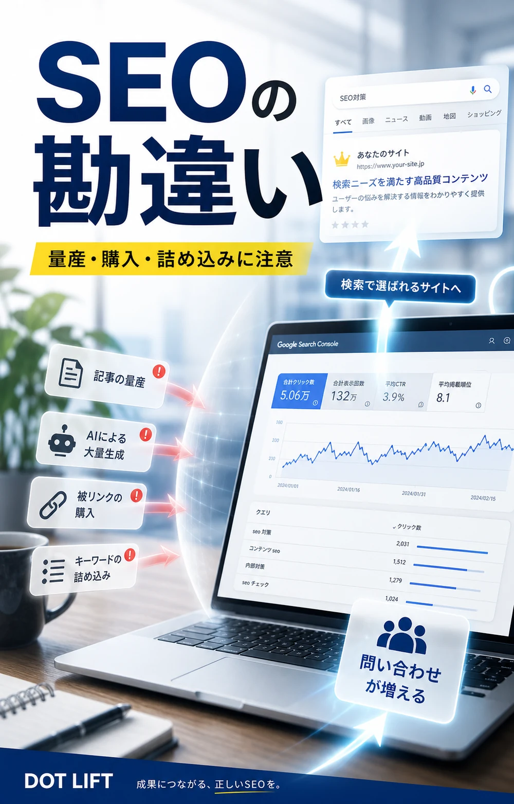 初心者がよく勘違いするSEO対策のH2本文をもとに写真合成で表現したDOT LIFTの記事内画像