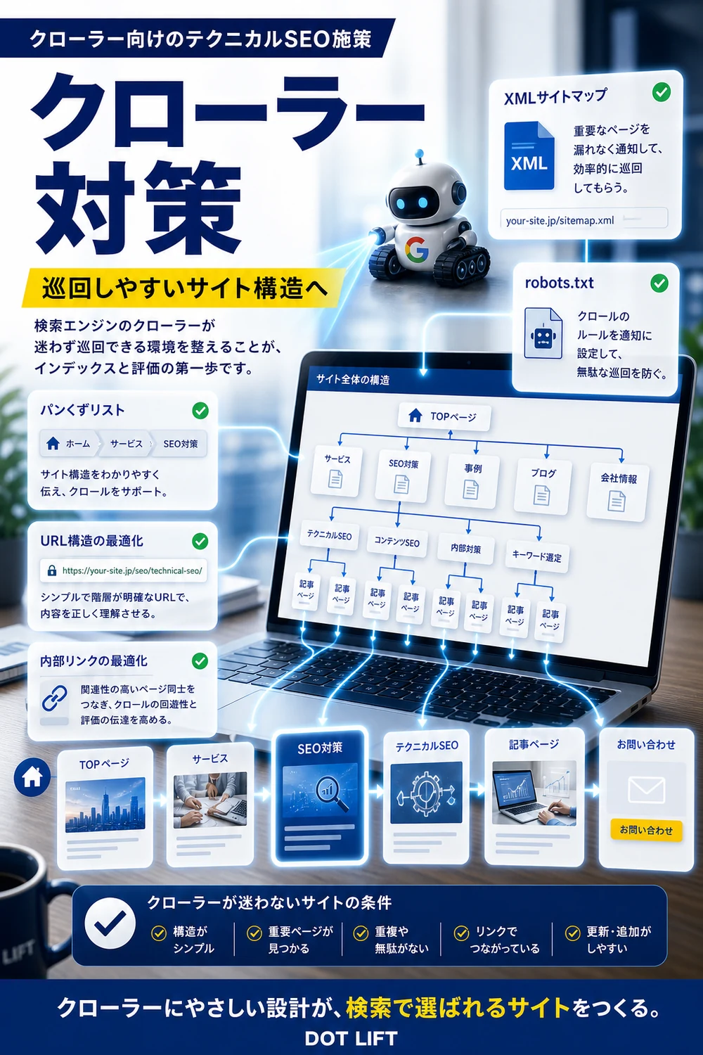 クローラー向けのテクニカルSEO施策のH2本文をもとに写真合成で表現したDOT LIFTの記事内画像