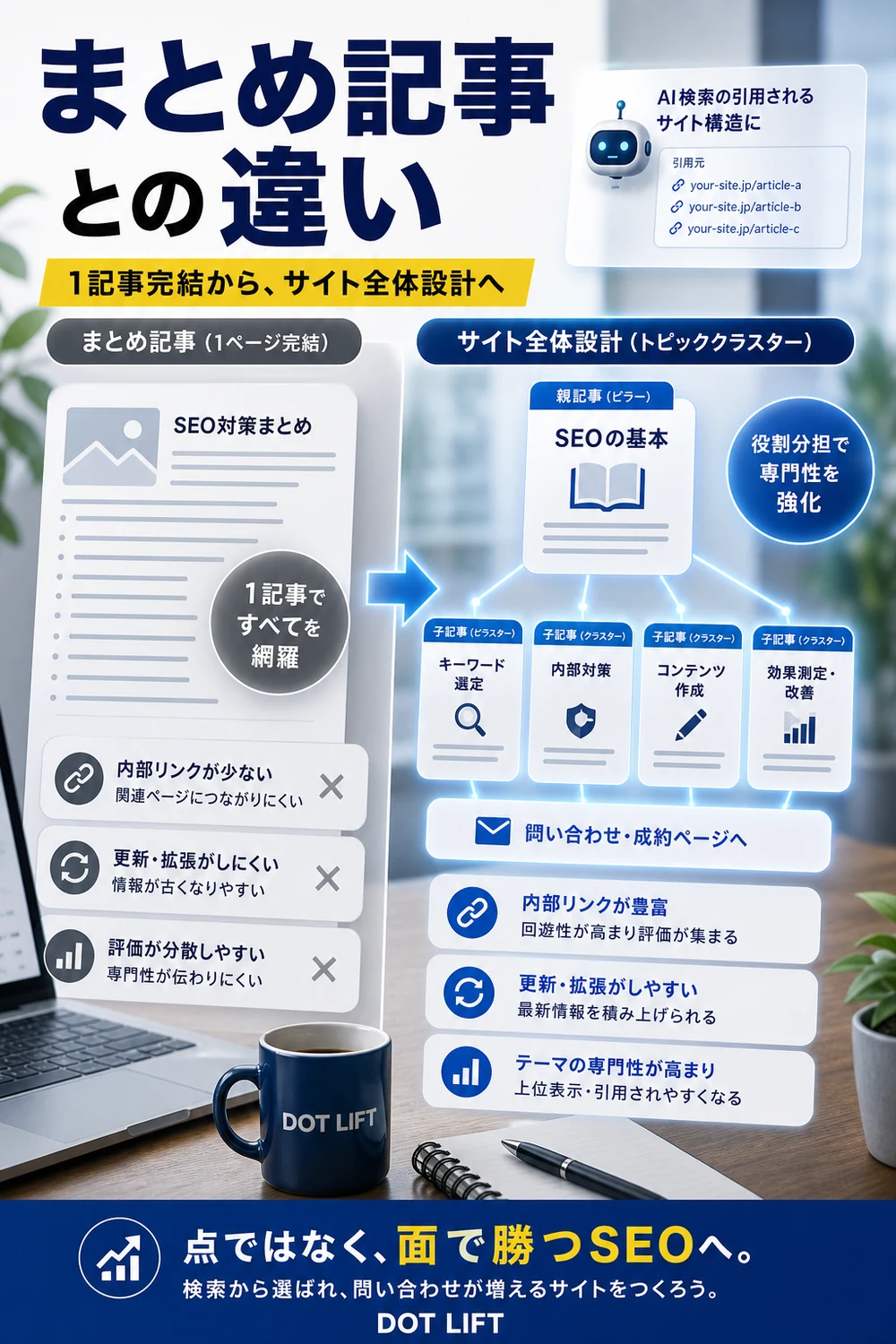 まとめ記事との違いのH2本文をもとに写真合成で表現したDOT LIFTの記事内画像
