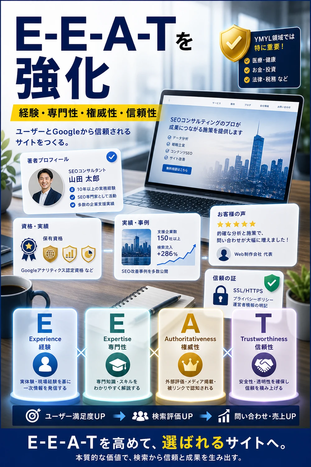 E-E-A-Tを実際に強化する方法のH2本文をもとに写真合成で表現したDOT LIFTの記事内画像