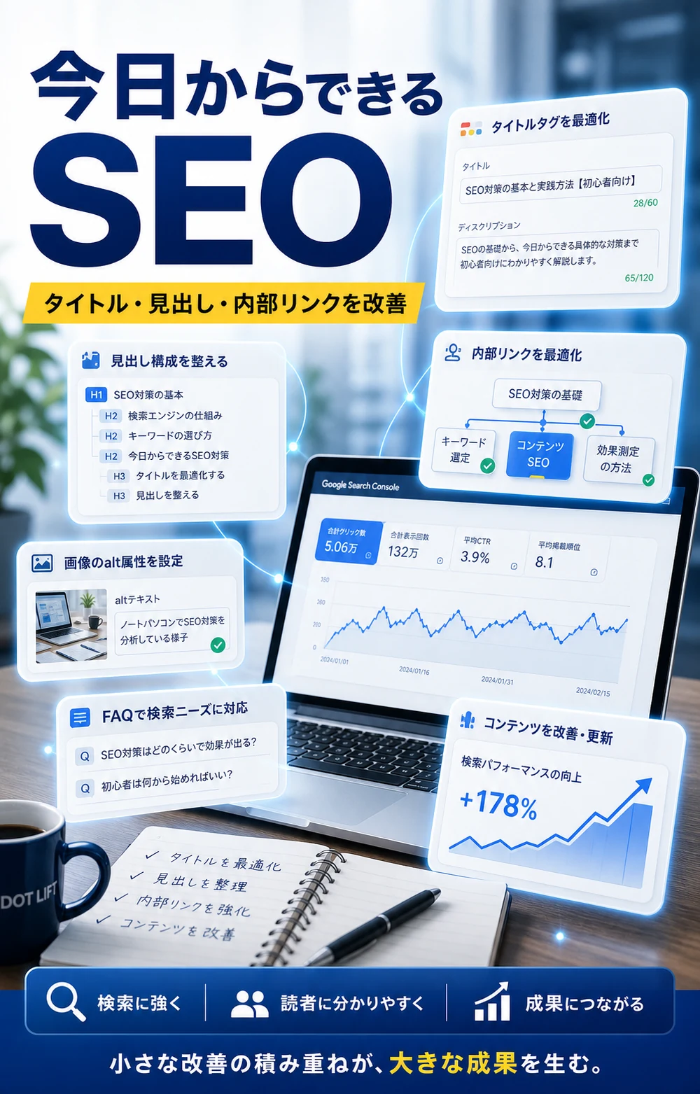【実践編】初心者が今日からできるSEO対策7選のH2本文をもとに写真合成で表現したDOT LIFTの記事内画像