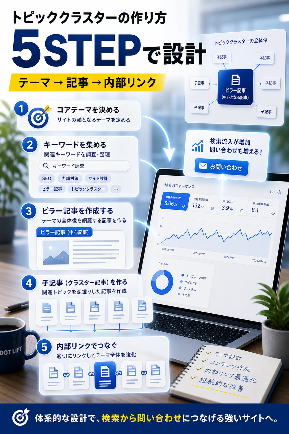 トピッククラスターの作り方【5STEP】のH2本文をもとに写真合成で表現したDOT LIFTの記事内画像