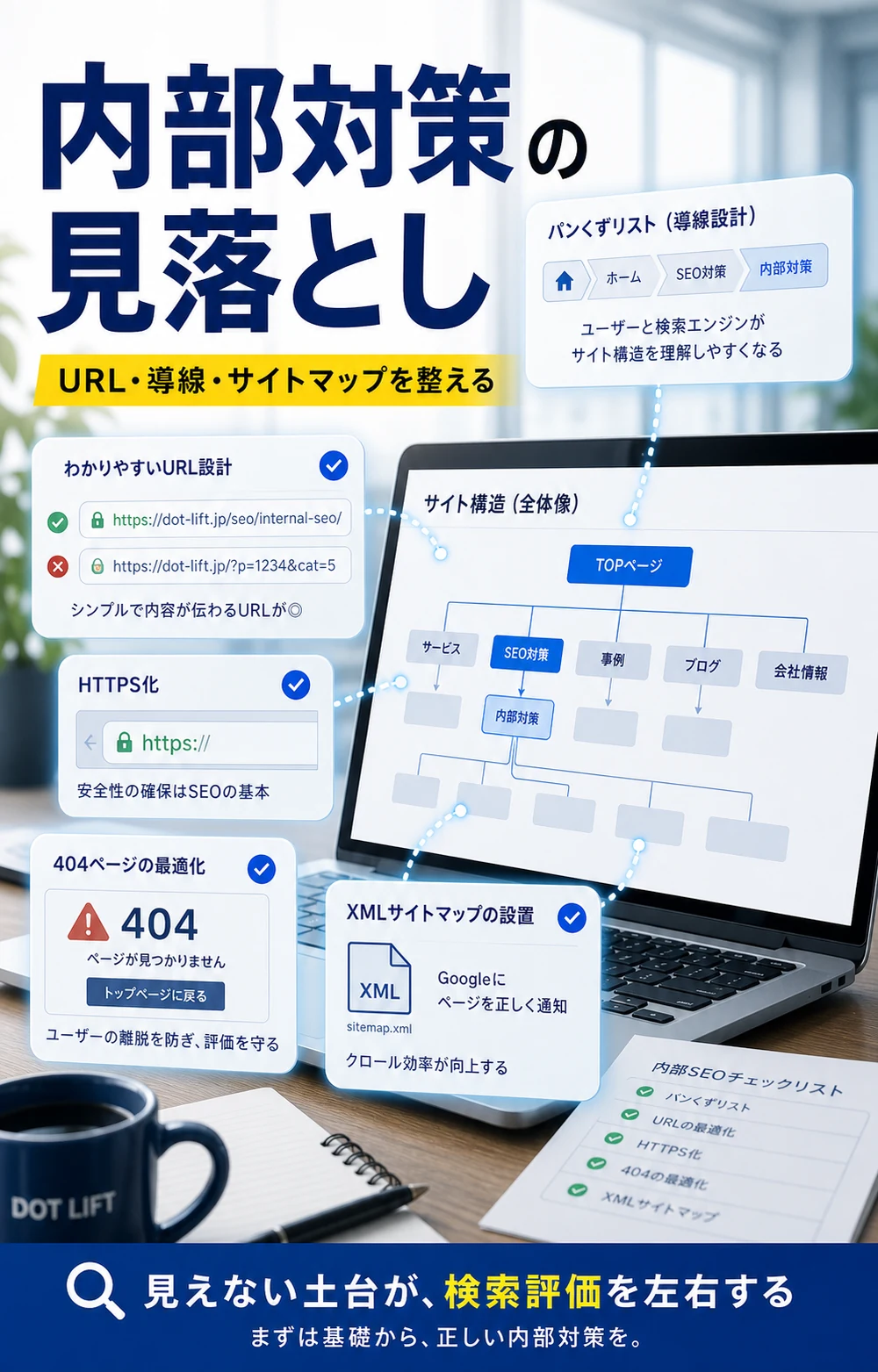 初心者が見落としやすい内部対策のH2本文をもとに写真合成で表現したDOT LIFTの記事内画像