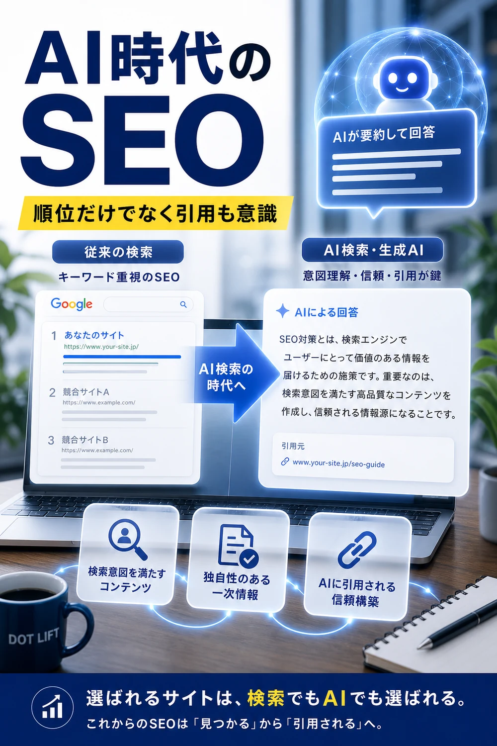 AI検索時代でSEOはどう変わる?のH2本文をもとに写真合成で表現したDOT LIFTの記事内画像