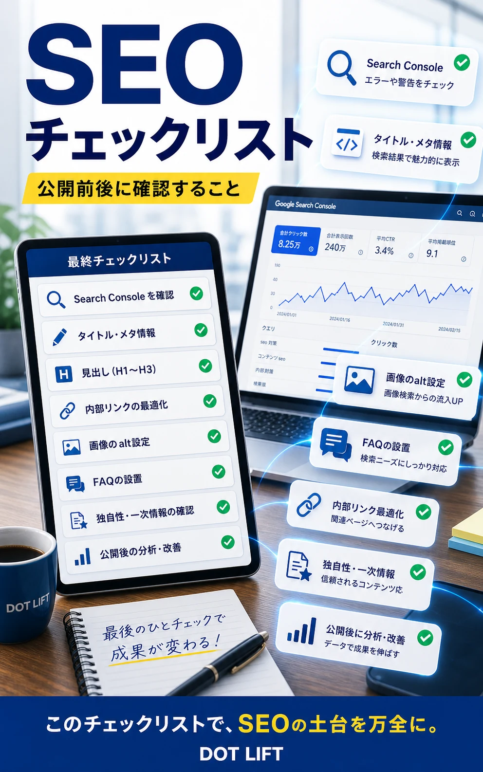 初心者向けSEOチェックリストのH2本文をもとに写真合成で表現したDOT LIFTの記事内画像
