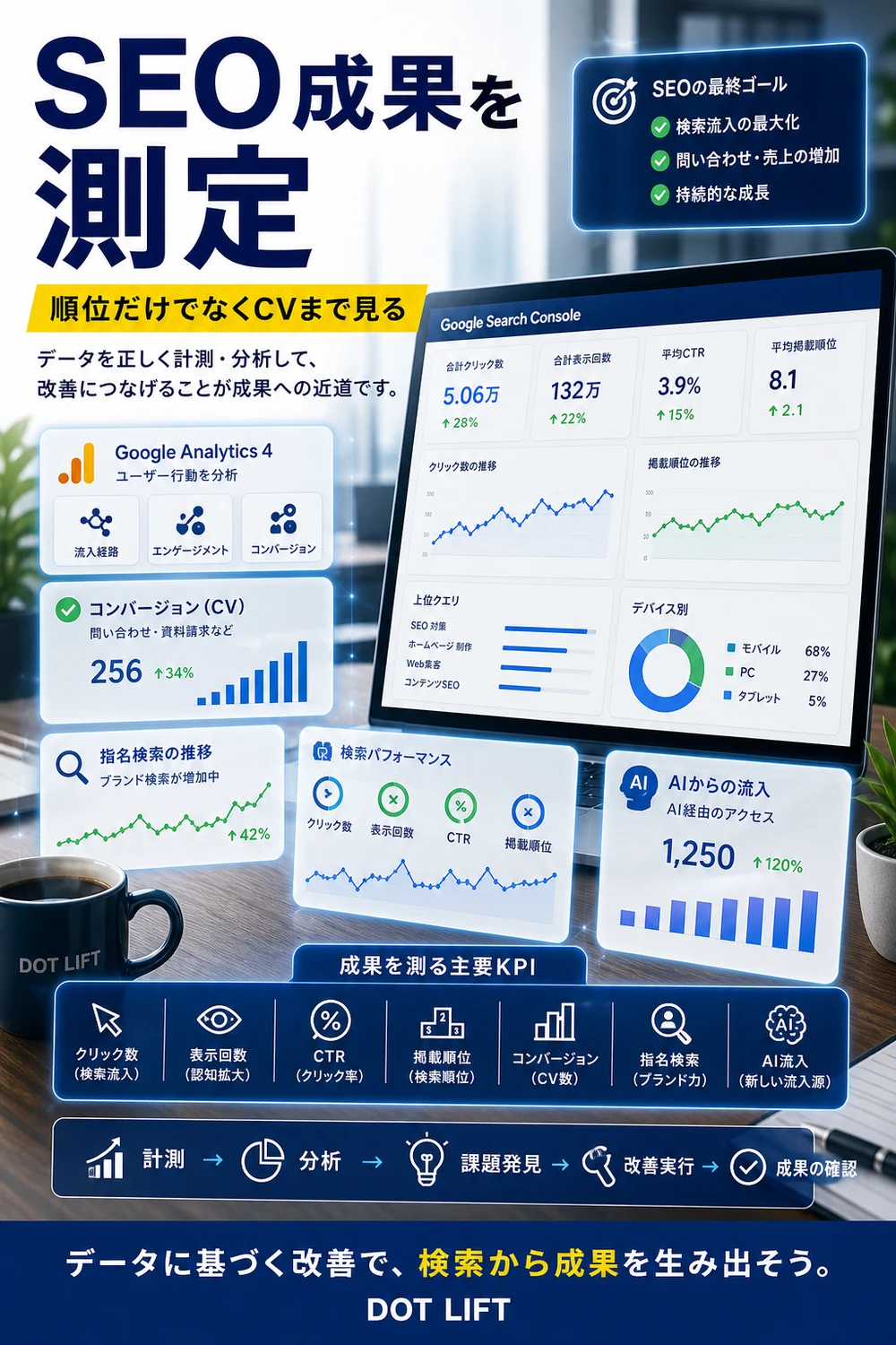 SEO成果を測定する方法のH2本文をもとに写真合成で表現したDOT LIFTの記事内画像