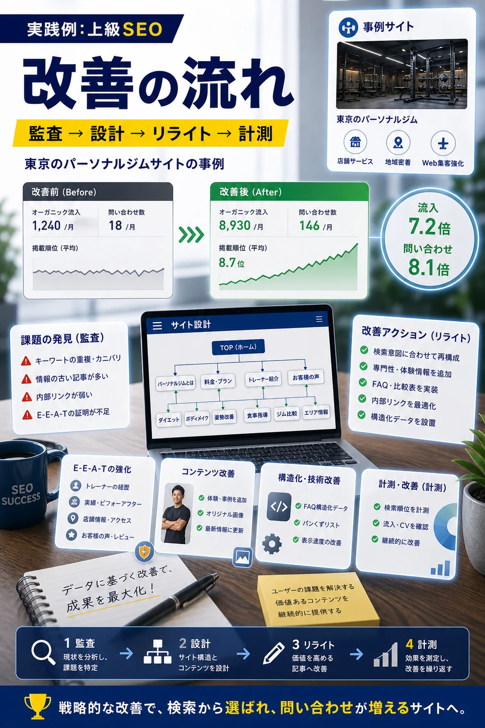 実践例:上級SEO改善の流れのH2本文をもとに写真合成で表現したDOT LIFTの記事内画像