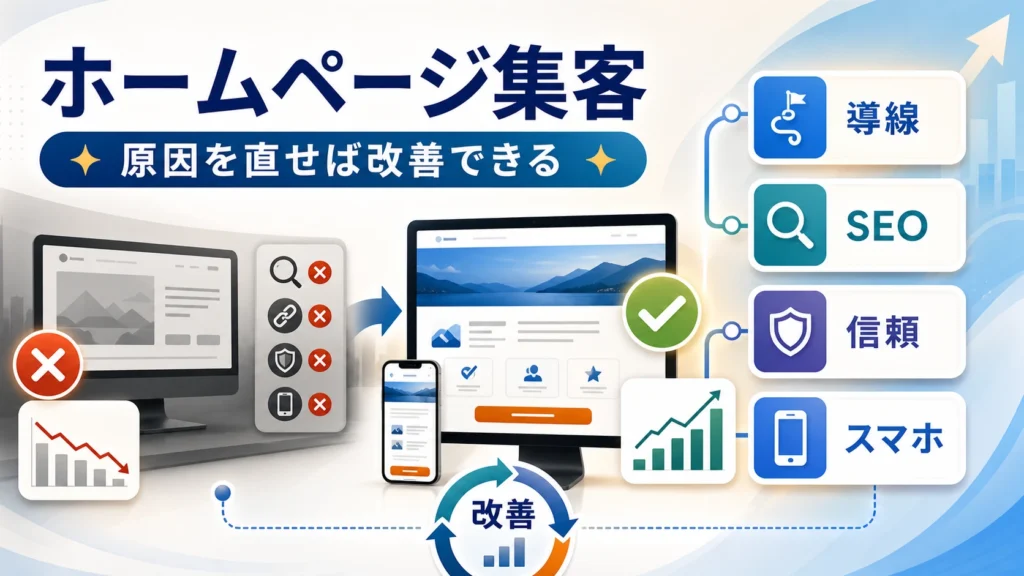 ホームページ集客できない原因と解決策を説明するアイキャッチ画像