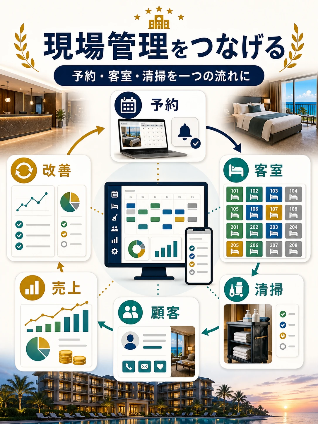 予約と客室と清掃管理をつなげる考え方を説明する図解