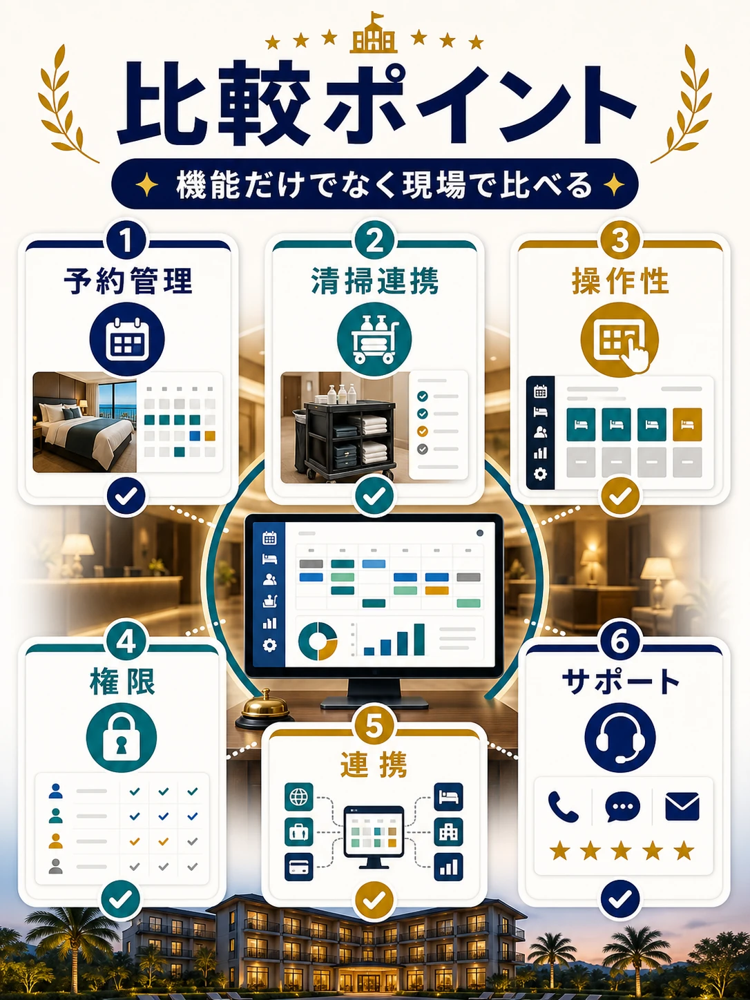 ホテルPMS比較ポイントを説明する図解