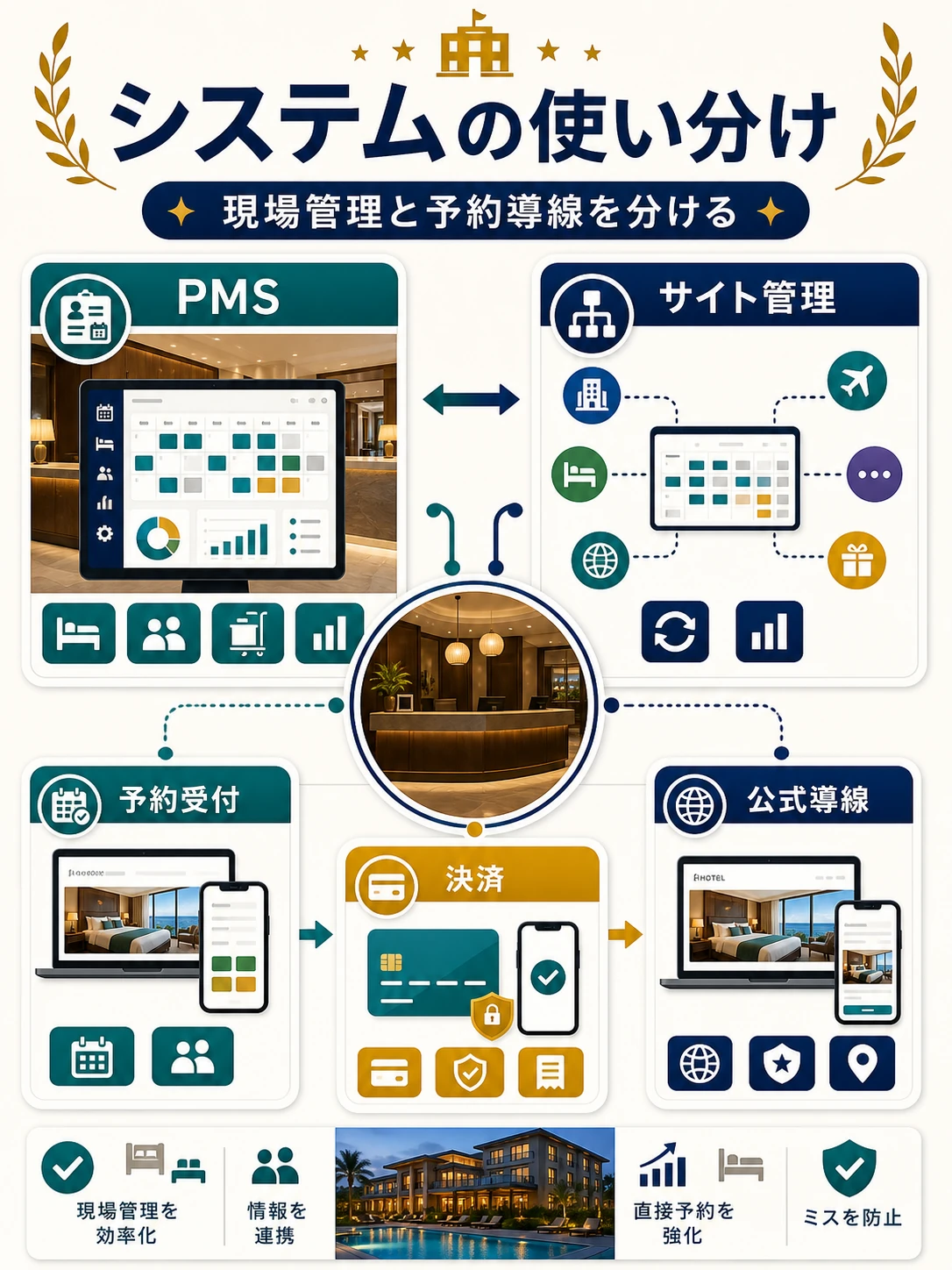ホテルPMSと他システムの使い分けを説明する図解
