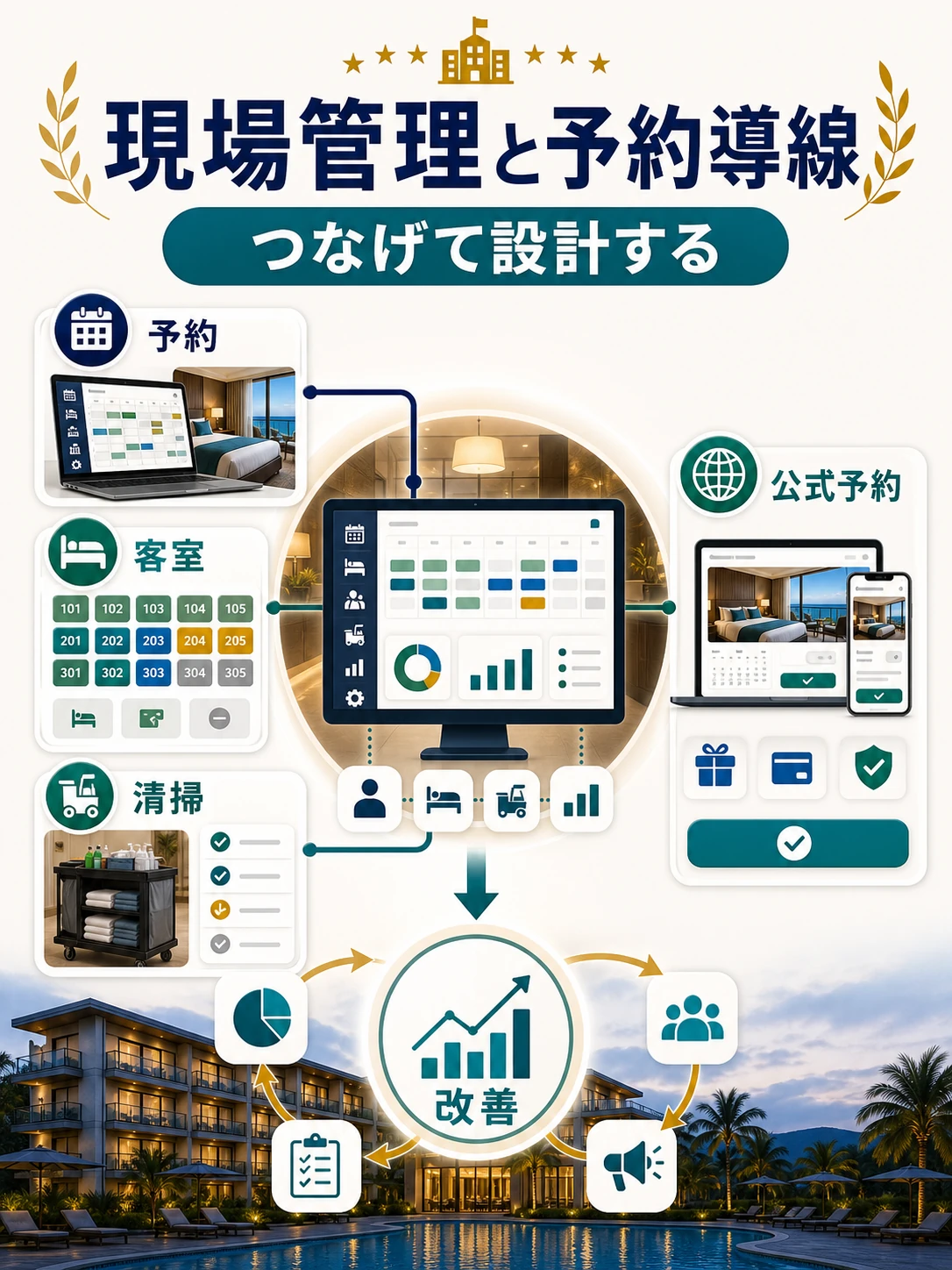 ホテルPMSは現場管理と予約導線をつなげることが重要であると説明する図解