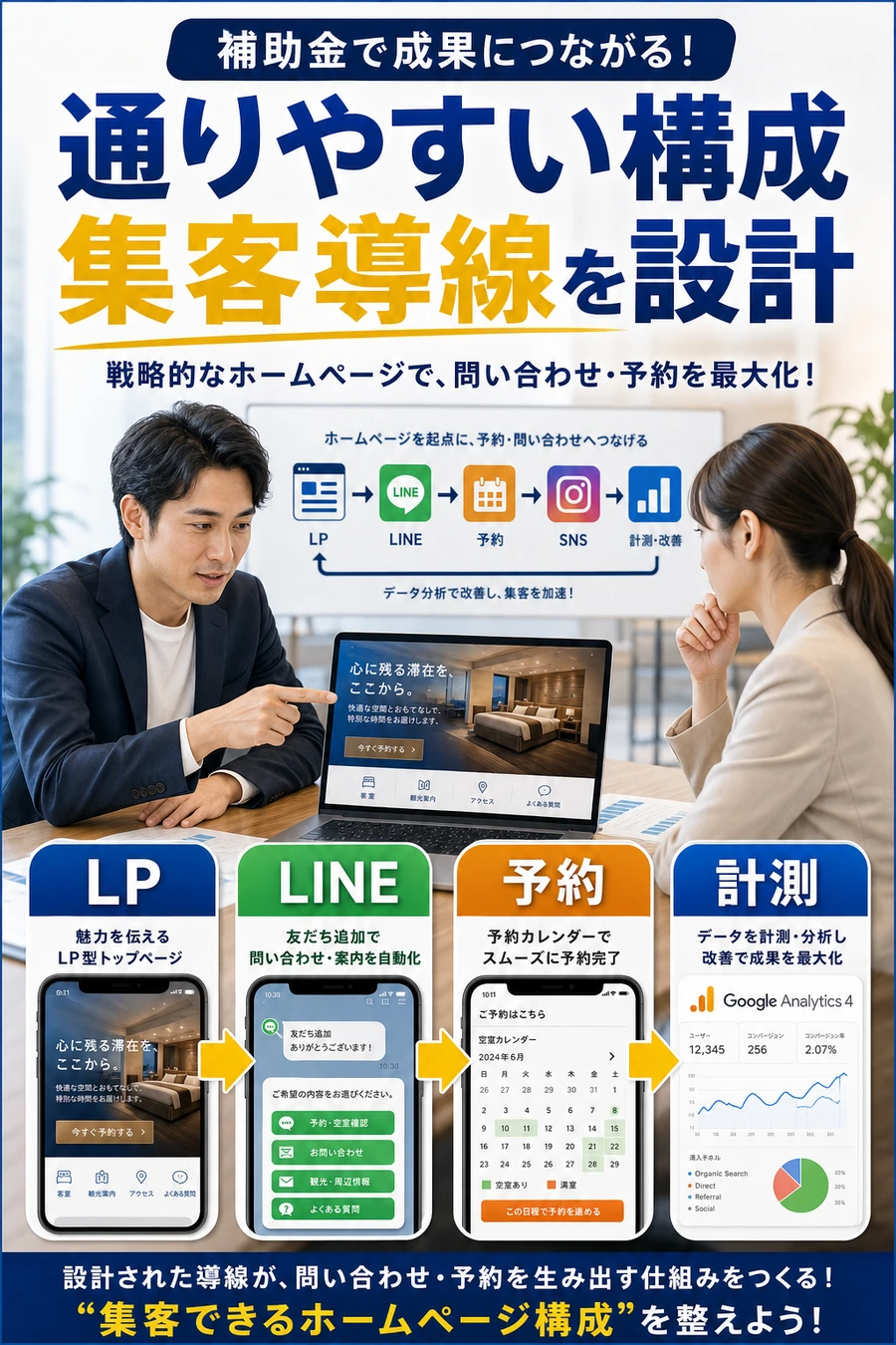 補助金で通りやすいホームページ構成と集客導線を示す画像