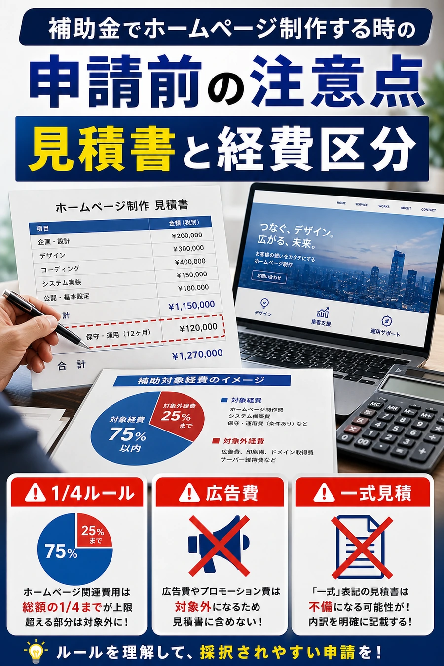 補助金でホームページ制作する時の見積書と経費区分の注意点を示す画像