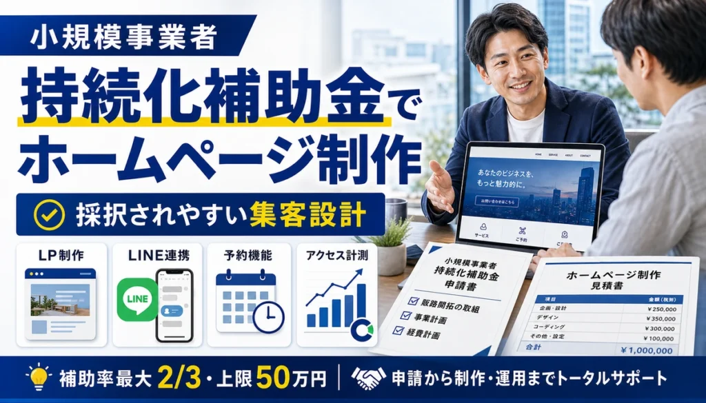 小規模事業者持続化補助金でホームページ制作する方法を示すアイキャッチ画像
