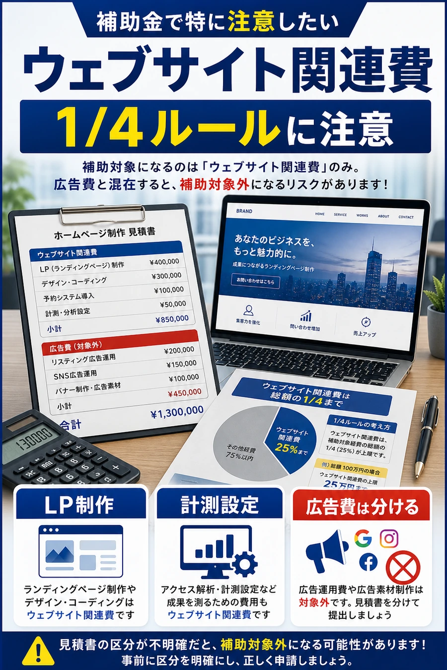 補助金で注意したいウェブサイト関連費と1/4ルールを示す画像
