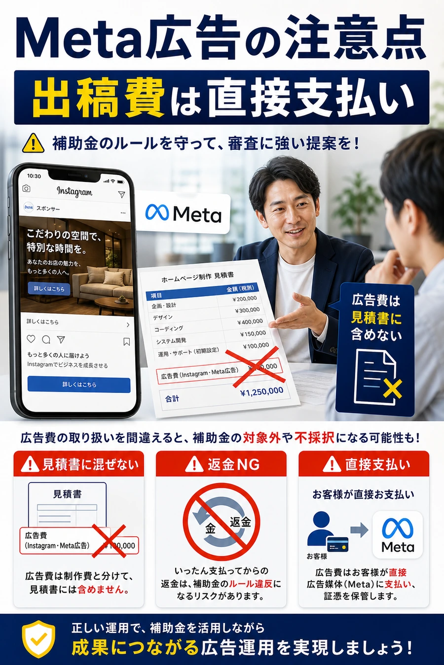 Instagram広告やMeta広告で広告費を直接支払いにする注意点を示す画像
