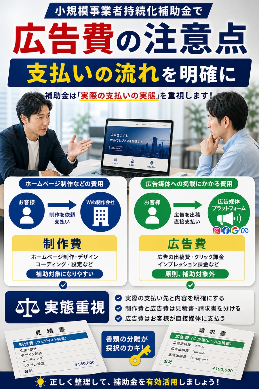 小規模事業者持続化補助金で広告費を扱う際の注意点を示す画像
