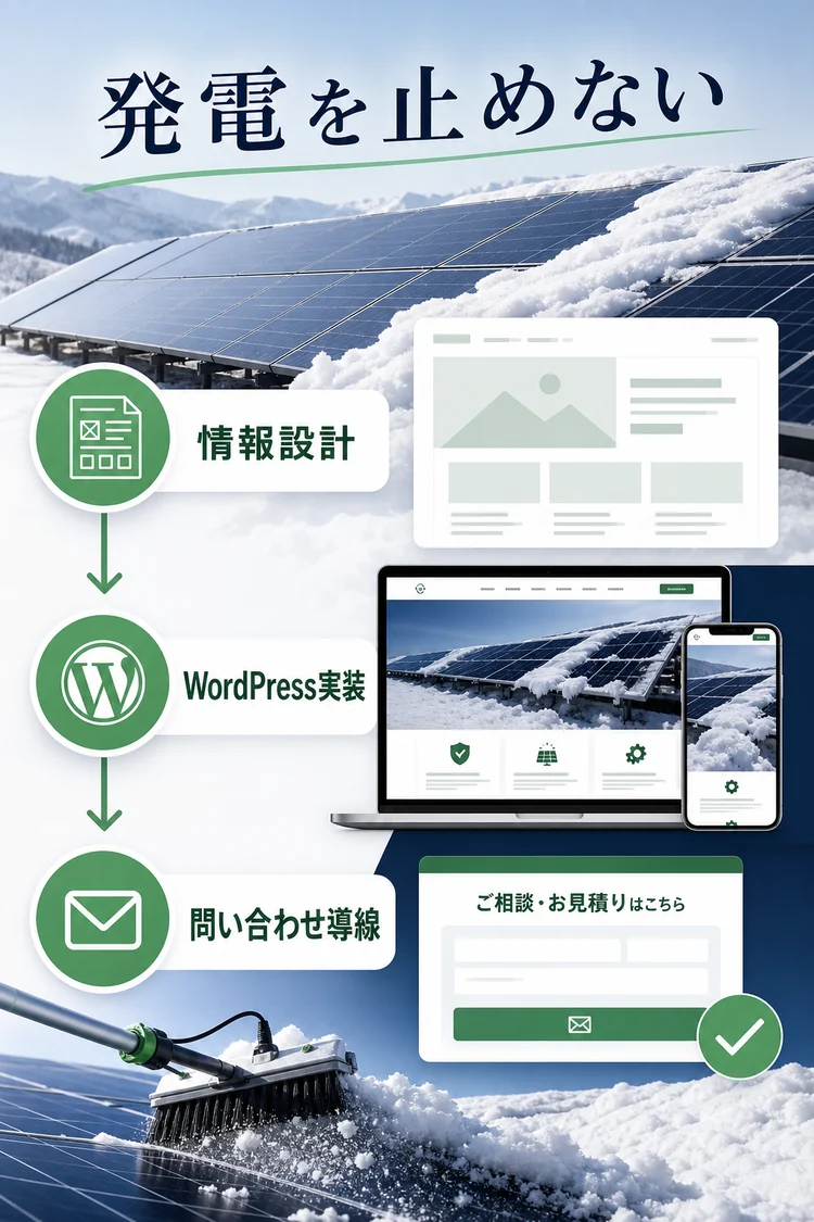 太陽光発電設備除雪サービスの情報設計からWordPress実装、問い合わせ導線までを示す制作事例の図解