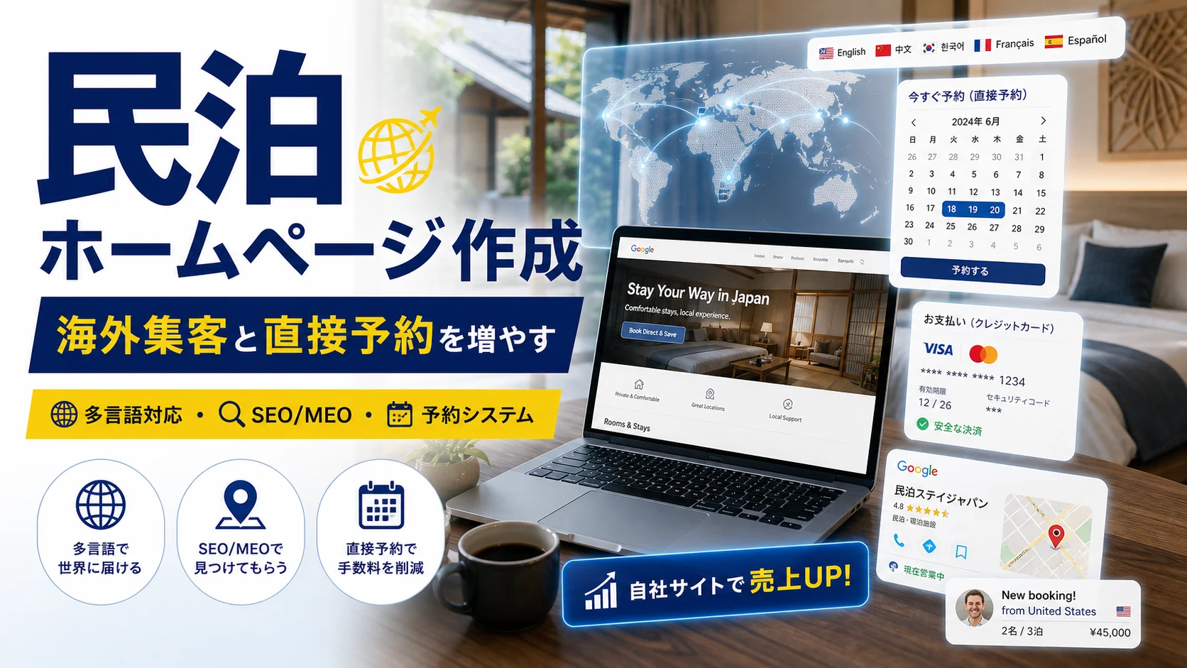 民泊ホームページ作成で海外集客と直接予約を増やす方法のアイキャッチ画像